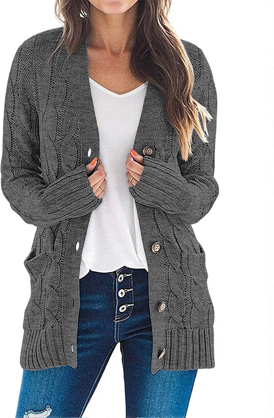 Women'S Long Sleeve Cable Knit Sweater Open Front Cardigan Button Loose Outerwear